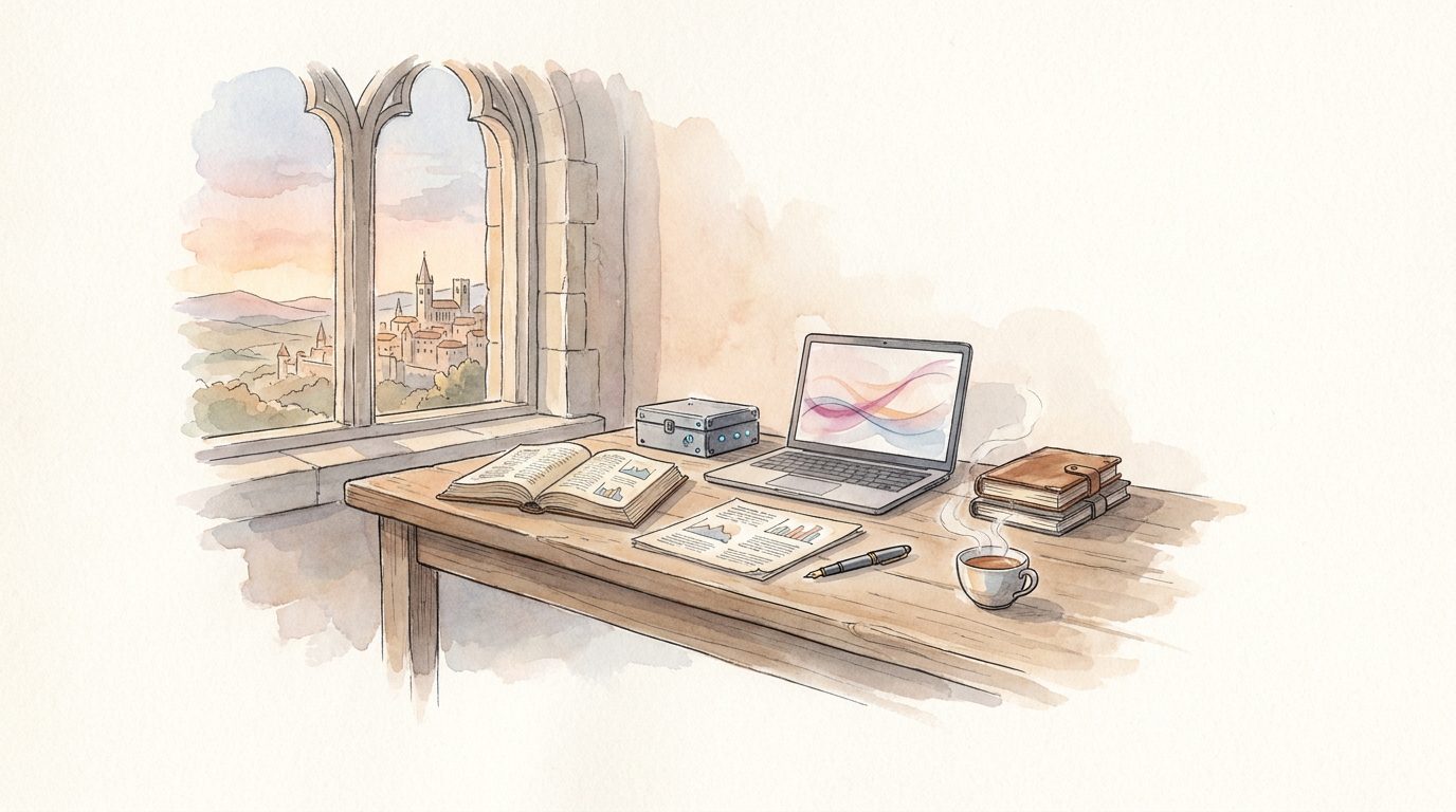 A scholar's desk at sunrise with an open research manuscript, a laptop, a small GPU server and a row of journals