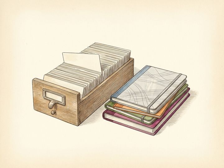 A library card catalogue drawer of blank cards beside a stack of journals