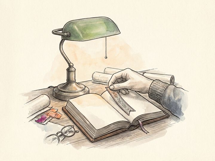 A hand placing a bookmark in an open journal under a reading lamp