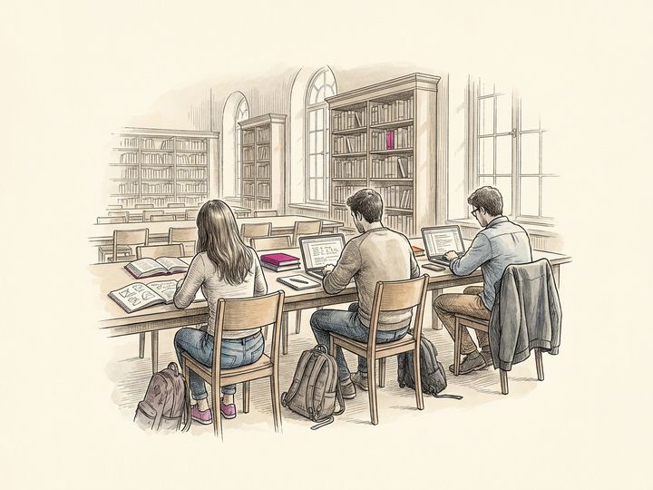 Three researchers working together at a long library table