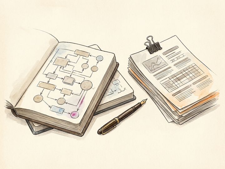 A lab notebook with diagrams beside clipped printed pages