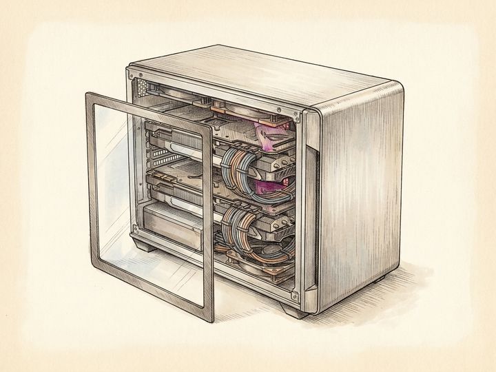 A GPU server with its side panel open, drawn like a scientific plate