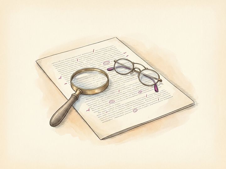 A manuscript page with red review marks, a magnifying glass and reading glasses