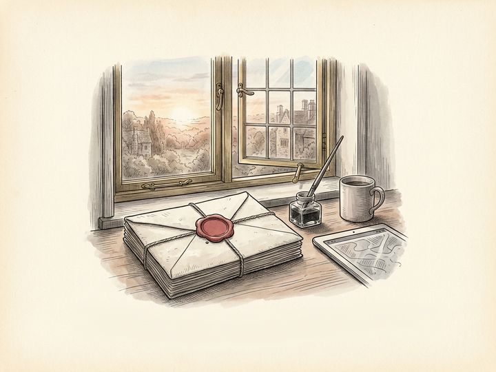 A manuscript in an envelope sealed with red wax beside a window at sunrise