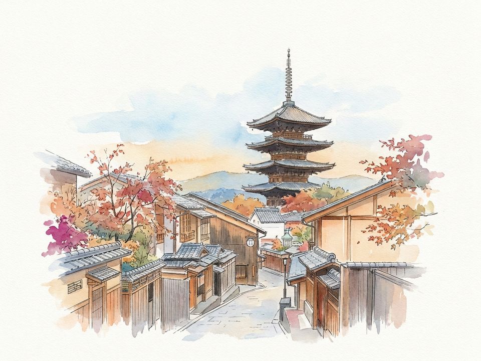 A pagoda above old Kyoto rooftops in autumn, in watercolour