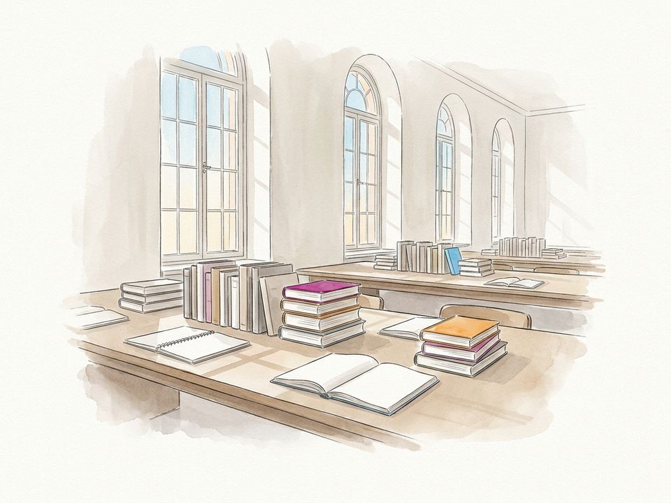 A sunlit library reading room, in watercolour