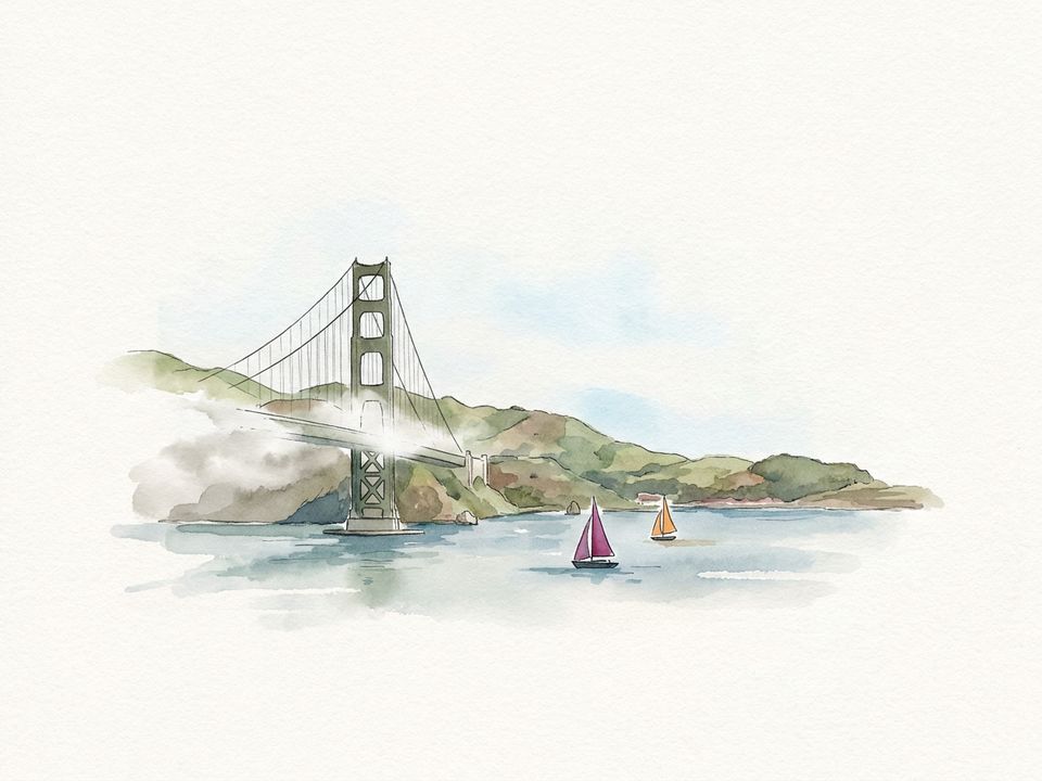 The Golden Gate Bridge in morning fog, in watercolour