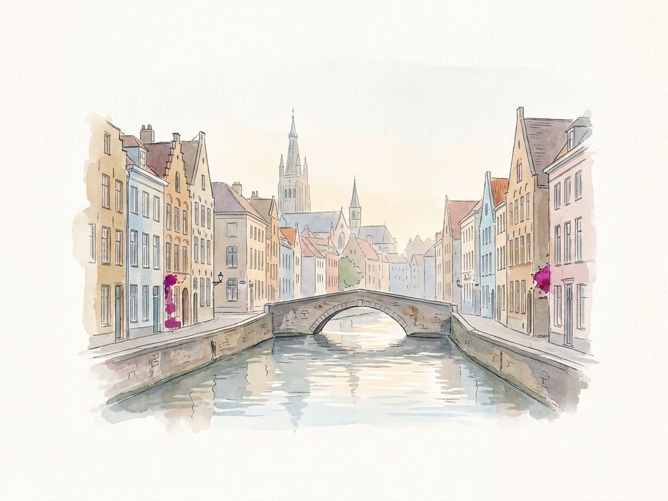 A canal and old town in Europe, in watercolour