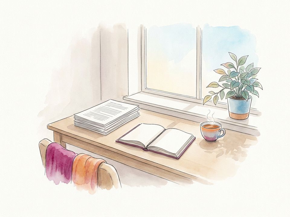 A stack of papers and an open journal on a desk, in watercolour